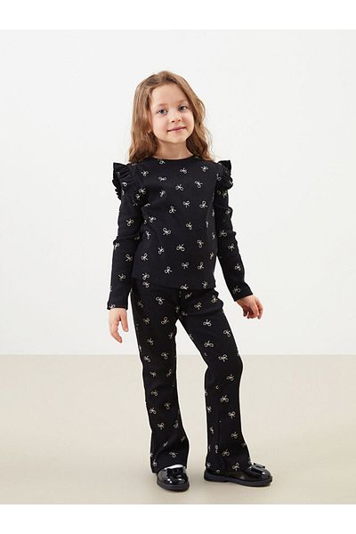 LC Waikiki Crew Neck Ribbon Printed Girl's Blouse and Leggings 2-Piece