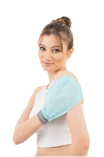 BEYZANA Blue Elastic Bath Shower Scrub Exfoliating Gloves 100% Flush Silk for Sensitive Skin