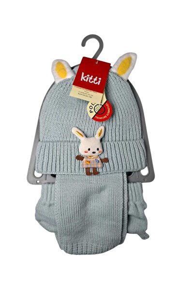 Kitti 0-18 Aylık Kız Çocuk Mint Renk Tavşan Figürlü 3'lü Takım Atkı, Bere, Eldiven Örme Set