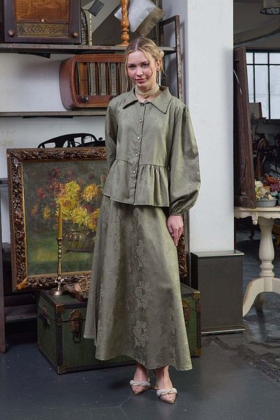 Ceylan Otantik Çağla Green Jacquard Shirt Skirt Set