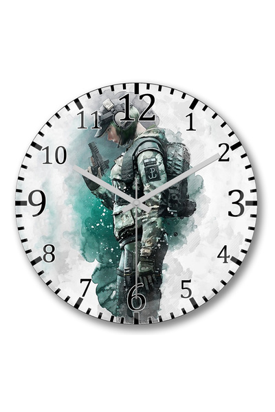 BASKI DÜNYASI ساعة حائط Rainbow Six Siege Ela من الزجاج الحقيقي المنحني