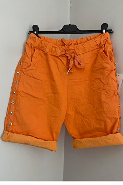 AYASOFYA OTANTIK Kadın İtalyan Turuncu Beli Lastikli Bağlamalı Kuş Gözü Şeritli Cepli Likralı Slim Bermuda Şort