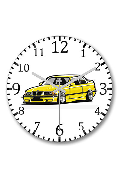 BASKI DÜNYASI Ceas de perete Bmw Stanced out E36 galben din sticlă de veritabilă calitate