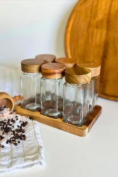 Meturas Set of 6 Wooden Kitchen Tableware and Glass Seasoning Rack