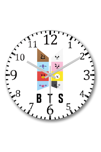 BASKI DÜNYASI ساعة حائط بشخصيات Bts BT21 من الزجاج الحقيقي المنحني