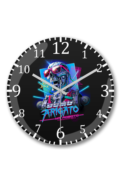 BASKI DÜNYASI ساعة حائط Terminator Domo Arigato Mr من الزجاج الحقيقي المنحني