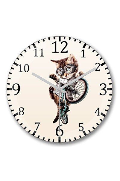 BASKI DÜNYASI Ceas de perete Cat pisică Bicycle Show din sticlă autentică bom...