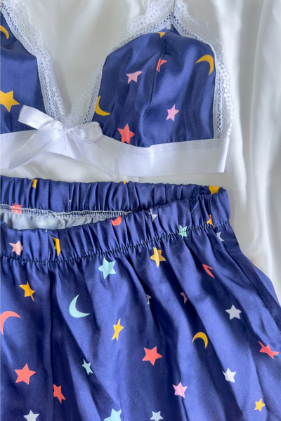 G&H UNDERWEAR - Set de pijamale din satin cu model albastru de noapte