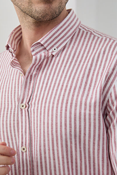 RAVANELLI Men's Burgundy Striped Cotton Linen Modern Slim Fit Shirt