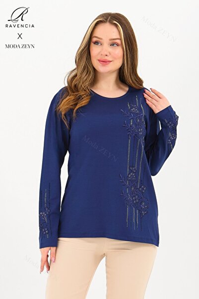 Ravencia بلوزة نسائية من القطن الممشط بنمط مخطط من الفسكوز في منتصف العمر ومطرزة بالحجارة من الليكرا النيلي