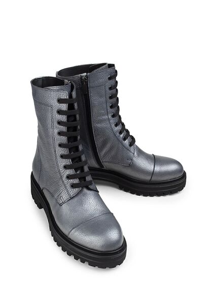 Deery Hakiki Deri Gümüş Rengi Simli Kadın Postal Bot