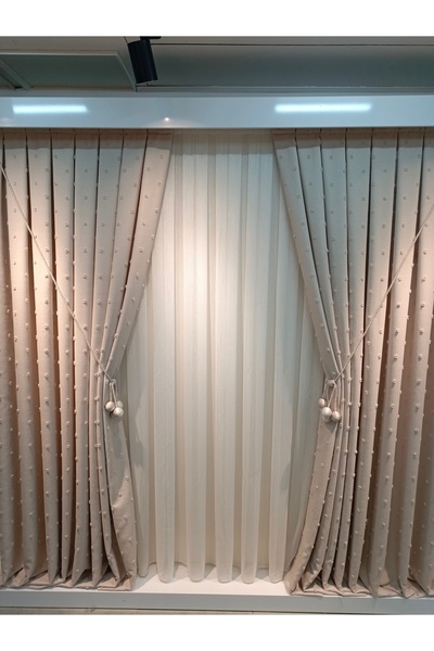 KN Tekstil 100*260 sık pile 2 adet (yeni sezon) serpme kerm ponponlu fon perd...