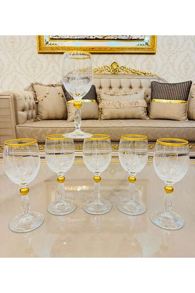 LOKMAN ZÜCCACİYE Pasabahce 6 Persons Gold Detailed Cutout Line Model Brown Wine Glasses & Glasses