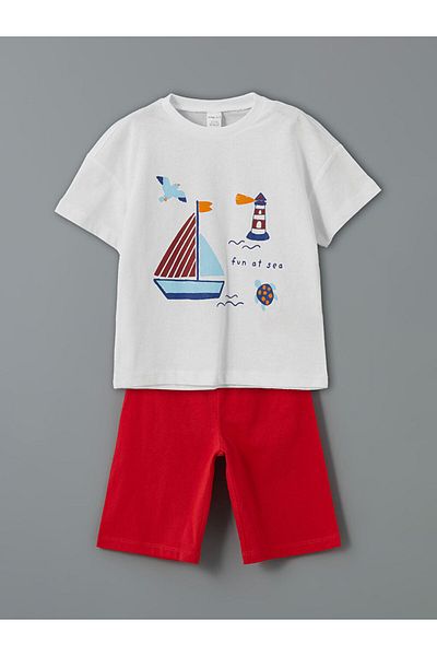LC Waikiki New Season Crew Neck Printed Short Sleeve Boys' Shorts Pajama Set - S5Lc76Z1