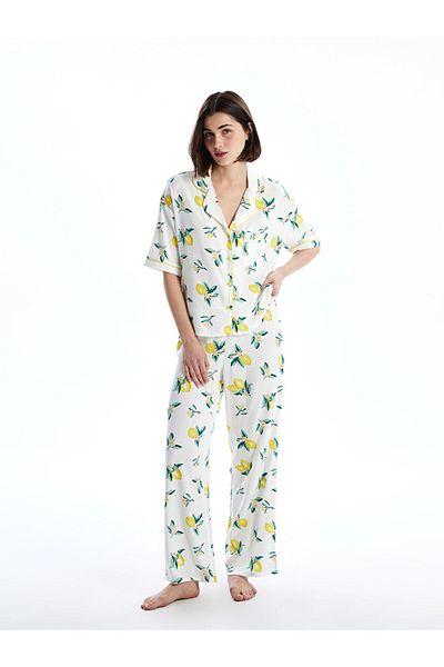 LC Waikiki Set de pijamale pentru femei cu imprimeu cu guler de cămașă de sezon nou - S5EP28Z8