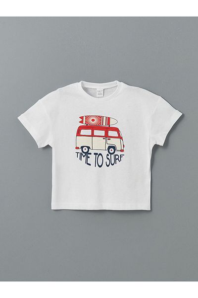 LC Waikiki Lcw Kids White Crew Neck Printed Short Sleeve Baby Boy Pajamas Set with Shorts
