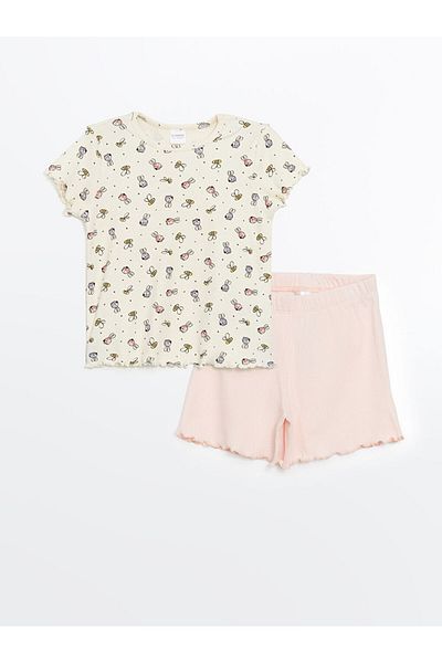 LC Waikiki Lcw Kids Ecru Crew Neck Printed Short Sleeve Girls' Pajamas Set with Shorts