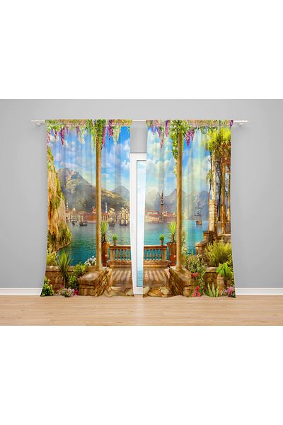 Erays Home Pier Landscape Patterned Digital Printed Background Curtain 2 Sashes Living Room Hall Background Curtain