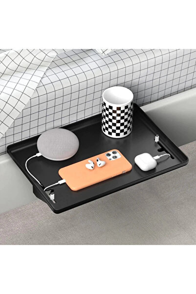 COOYA Bedside Shelf for Bed,with Cord and Cup Holder,Floating Table Tray for,Organizer Room,Black,32x23cm