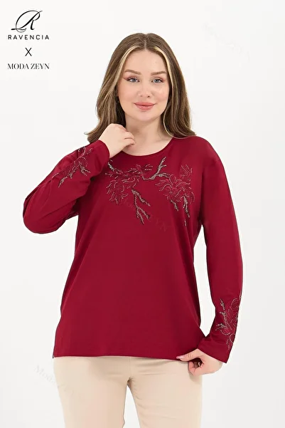 Ravencia Women's Middle-Aged and Above Viscose Tree Pattern Stone Embroidered Lycra Claret Red Mother Combed Cotton Blouse