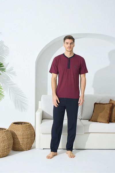 Skygo Kocabey 9513 Men's Midi Collar Short Sleeve Pajama Set - Claret Red - XXL