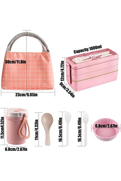 COOYA 3In1 Wheat Straw Bento Lunch Box Kit,Stackable Compartment,with Bag,Leakproof Microwave-Safe,Pink