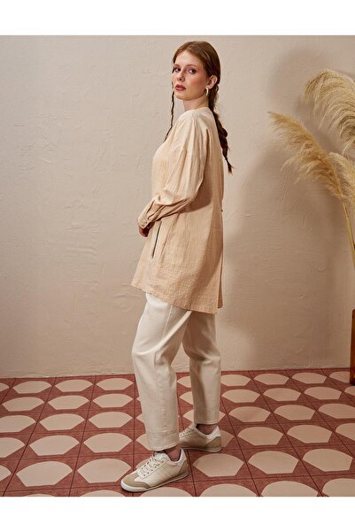 KYR Beige Back Brit Button Closure Seersucker Tunic