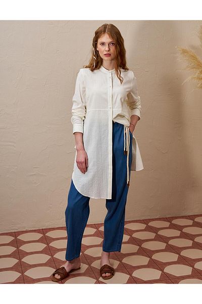KYR Ecru Seersucker Long Tunic Judge Collar