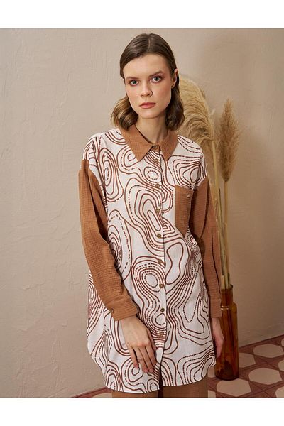 Kayra Muslin Garnished Printed Tunic Tobacco