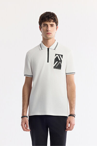 Avva Tricou alb pentru bărbați, cu guler polo, imprimat, 100% bumbac, cu croiala normală A51Y1167