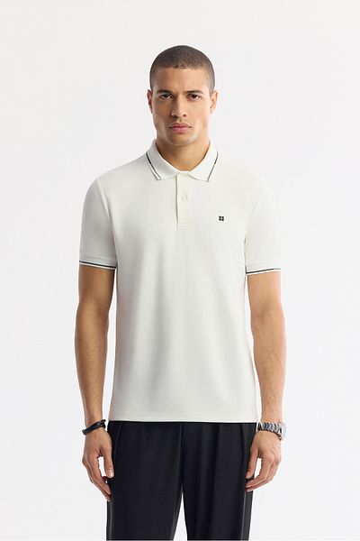 Avva Men's Ecru Buttoned Polo Neck Soft Touch Logo Detailed T-Shirt A51Y1000