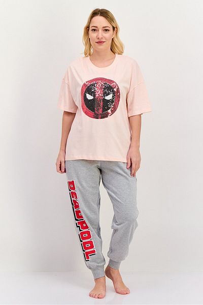 Marvel Women 2 Piece Embellished T-Shirt And Pants Pajama Set, Pink