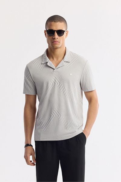 Avva Tricou jacquard cu dungi transversale cu guler Apaj gri pentru bărbați A51Y1145