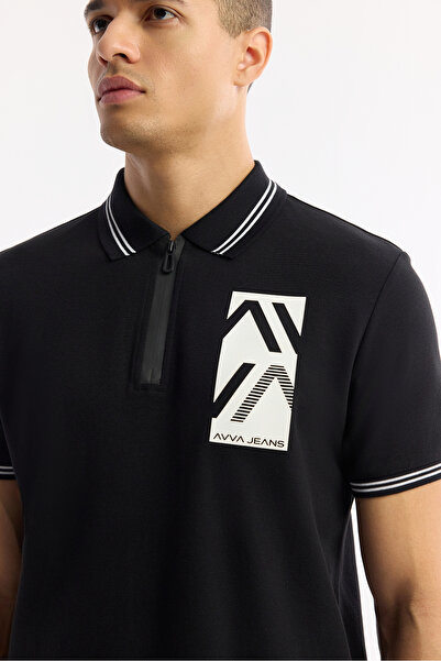 Avva Erkek Siyah Polo Yaka Baskılı %100 Pamuk Regular Fit T-Shirt A51Y1167