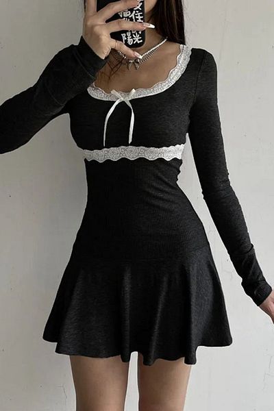 Karakedi Long Sleeve Dress with Lace and Bow Detail