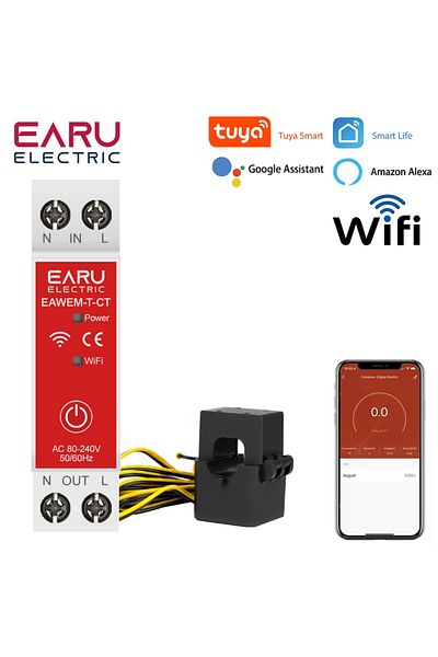 EARUELETRIC Tuya Wifi Smart Energy Meter 1p N 63a With Current Transformer Clamp Kwh Voltage Current Power Mo...
