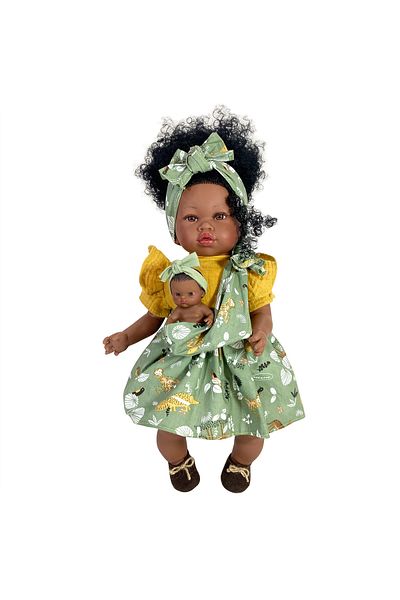 OEM Papusa Nines D'onil, Maria Afro, Cu Sunete, Cu Bebelus, Cu Rochie Verde, Cu Miros De Vanilie, 45 Cm