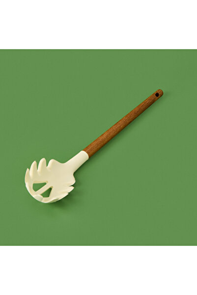 MİEN Beige/Brown Silicone Pasta Colander, 32 Cm, Acacia Handle, Stylish and Convenient