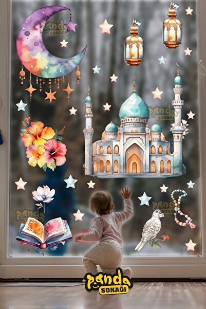 PANDA SOKAĞI Cam İçin Soft Renklerde Cami Ramazan Ayı Temalı Cam Duvar Süsler...