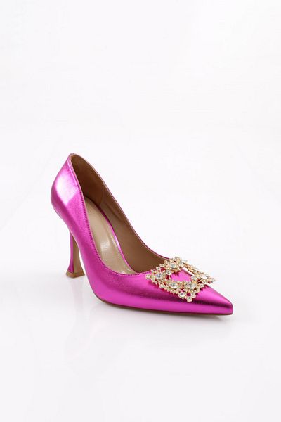 DGN Pantofi de damă cu vârf ascuțit cu cataramă din piatră de cristal, cu toc calice, fucsia metalic 561321085