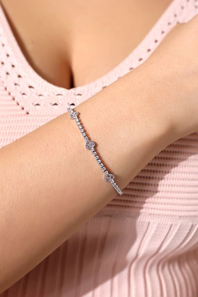 VG BOND MODA Pink Stone Detailed Heart Adjustable Silver Color Stainless Women's Bracelet Van012