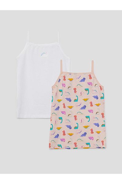 LC Waikiki Square Collar Printed Strappy Cotton Girls Undershirt 2-Piece (S2)