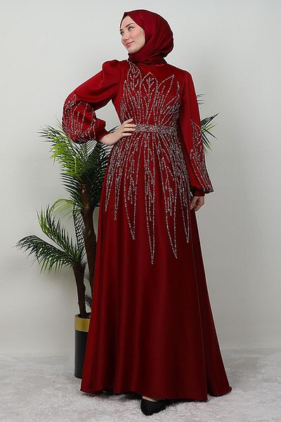 GİZ AGİYİM İkbal Stone Satin Evening Dress Burgundy Model