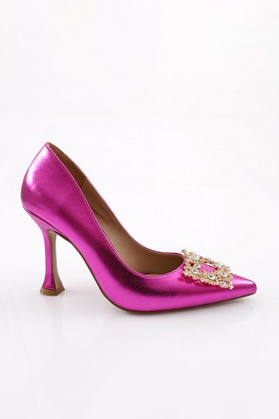 DGN Pantofi de damă cu vârf ascuțit cu cataramă din piatră de cristal, cu toc calice, fucsia metalic 561321085