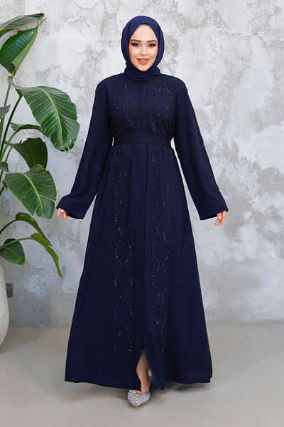 Neva Style Χάντρες Κεντημένο Navy Blue Hijab Abaya 29117L