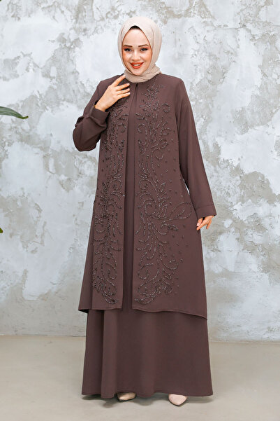 Neva Style Beaded Dark Mink Hijab Abaya 29121Kv