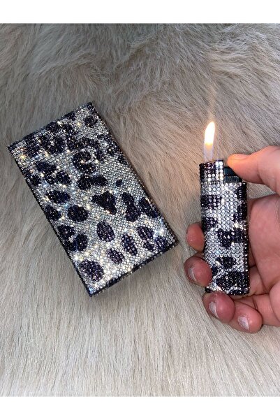 NESGIFT Siyah Ve Gümüş Leopar Taşlı Ince Uzun-slım Sigara Kutusu
