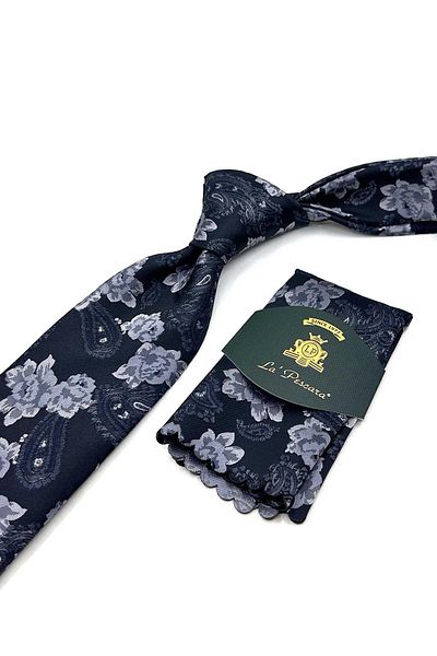 Kravatkolik Black Flower Pattern Classic Tie with Handkerchief Kk13142