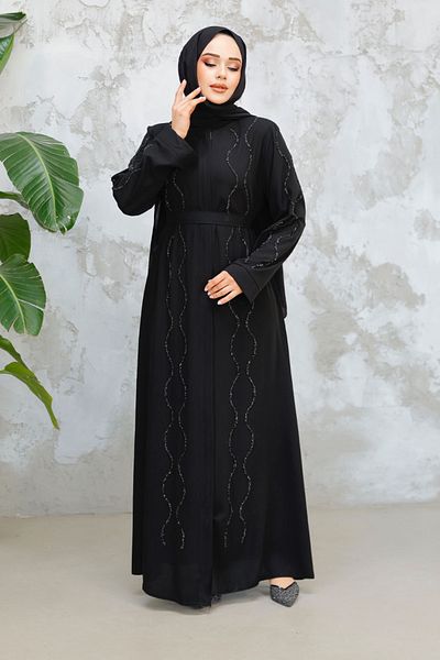 Neva Style Abaya hijab neagră brodata cu margele 29117S