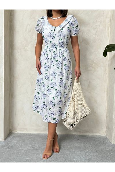 Miss Allos Rochie de damă cu guler pentru păpuși, cu talie, cu modele florale, lungime midi
